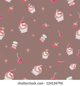 Seamless background with cupcakes, macaroons, cherries and strawberries.