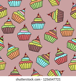 seamless background with cupcakes on white backgroun