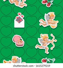 Seamless background Cupid angels ring heart letter rose on green background. Vector image. Cartoon. eps 10