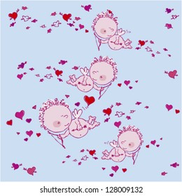 seamless background with cupids and hearts
