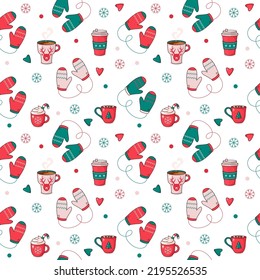 seamless background with cups for Christmas drinks, hot chocolate or coffee with lollipops and knitted mittens. Vector illustration of a Christmas card. Xmas