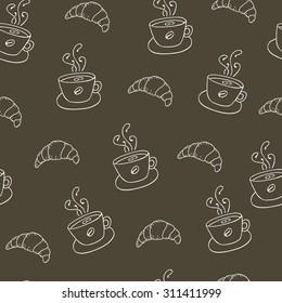 Seamless background with cups of coffee and croissants