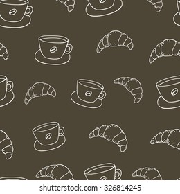Seamless background with cups of coffee and croissants