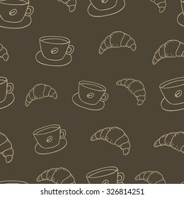 Seamless background with cups of coffee and croissants