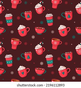 fondo inmaculado con tazas para bebidas de С navidad, chocolate caliente o café con copas, crema batida y malvaviscos. Ilustración vectorial de tarjeta de Navidad. Xmas