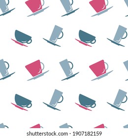 Seamless background with cups in pastel colors. For packaging, paper, design. Vector illustration isolated on white background.