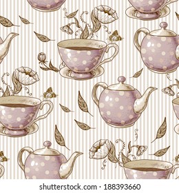 Seamless background with cups of tea, pots and flowers in vintage style.