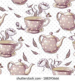 Seamless background with cups of tea, pots and flowers in vintage style.