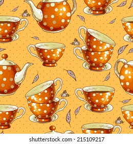 Seamless background with cups of tea and pots 