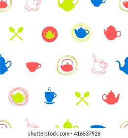 Seamless background with cups and teapots on white. Tea party menu. Vector Illustration with funny drinks pattern.  Multicolor decorative elements for your packing design. 