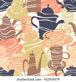 Seamless background with cups and teapots. Tea party. Vector 