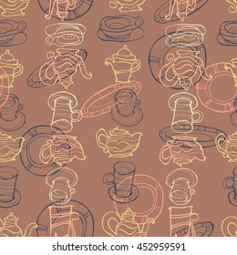 Seamless background with cups and teapots. Tea party. Vector 