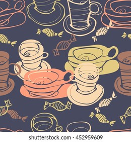 Seamless background with cups and teapots. Tea party. Vector 