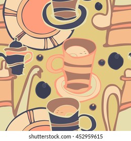 Seamless background with cups and teapots. Tea party. Vector 