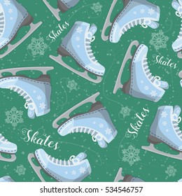 Seamless background with curly skates on the ice. With snowflakes. Pattern.