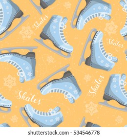 Seamless background with curly skates on the ice. With snowflakes. Pattern.