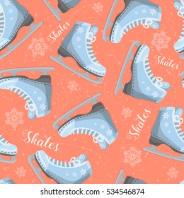 Seamless background with curly skates on the ice. With snowflakes. Pattern.