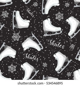 Seamless background with curly skates on the ice. With snowflakes. Pattern.