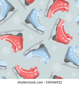 Seamless background with curly skates on the ice. With snowflakes. Pattern.