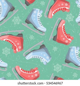Seamless background with curly skates on the ice. With snowflakes. Pattern.
