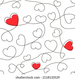 Seamless background of curved heart lines. Uninterrupted black line. Red hearts. Valentine's Day. Vector design for covers, wallpapers, posters, backgrounds, napkins, linens, etc.