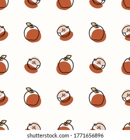 Seamless background cut fruit. Gender neutral kid food pattern. Simple whimsical minimal earthy 2 tone color. Baby nursery wallpaper or boho decorative gardening decor all over print. 