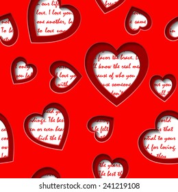 Seamless background with cut out hearts and text about love. Valentines Day background with hearts. Can represent love, Valentine's Day, romance, wedding.