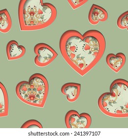 Seamless background with cut out silhouettes of hearts. Valentines Day background with hearts. Can represent love, Valentine's Day, romance, wedding.