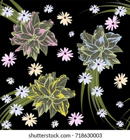 Seamless background with cute abstract lilies and daisies. Design for cloth, wallpaper, gift wrapping. Print for silk, calico and home textiles.Vintage natural pattern.Vector.