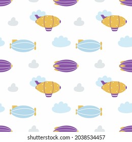 Seamless background with cute airship. Endless Pattern with aircraft for sewing children clothing, printing on fabric and packaging paper. Zeppelin in clouds.