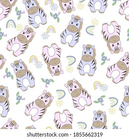 Seamless background with cute animals. Decorative cute wallpaper for the nursery in the Scandinavian style. Suitable for children's clothing, interior design, packaging, printing. Zebra with rainbow