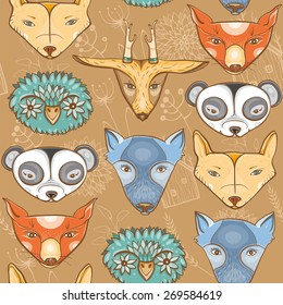 Seamless background with cute animals snouts and contour plants. Forest theme for children. Vector pattern. eps 10