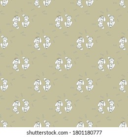 Seamless background with cute animals. White dogs with protruding tongue and hearts on a collar - a boy and a girl on a light gray background. Vector. For design, packaging and decoration.