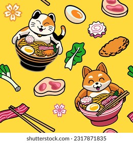 Seamless background of cute anime cat bath in bowl of ramen pattern