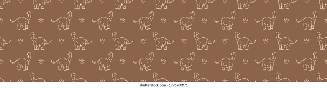 Seamless background cute Apatosaurus and foliage dinosaur gender neutral baby border pattern. Simple whimsical minimal earthy 2 tone color. Kids nursery decor edging fashion ribbon trim.