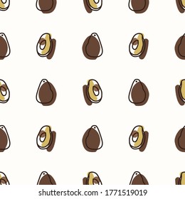 Seamless background cute avocado. Gender neutral kid food pattern. Simple whimsical minimal earthy 2 tone color. Baby nursery wallpaper or boho decorative gardening decor all over print. 