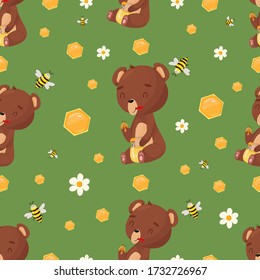
seamless background with a cute bear that eats honey