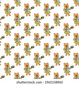 Seamless background with cute bears. Cartoon characters. Decorative texture for wallpaper, textile, scrapbook, packaging paper.