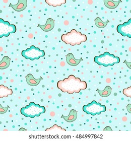 Seamless background with cute birds and Sheath on a blue background with colored peas.