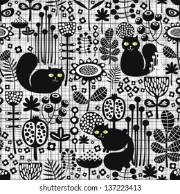 Seamless background with cute black cats. Vector pattern.