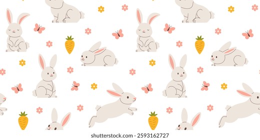 Seamless background with cute bunnies, Easter Rabbits, spring flowers and butterflies. vector illustration