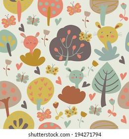 Seamless background with cute bunnies, trees, butterflies and flowers in cartoon style