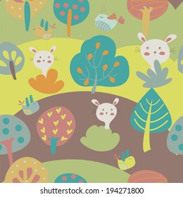 Seamless background with cute bunnies, trees, birds in cartoon style
