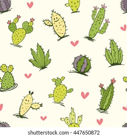 Seamless background with cute cactus and hearts.