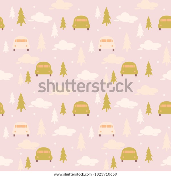 \
Seamless background\
with cute cars. Cartoon cars, trees, clouds, vector illustration.\
Ideal for children\'s fabrics, textiles, children\'s wallpapers.\
Vector\
illustration.