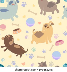 Seamless background with cute cartoon dogs, balls, toy bones and bowls for children's textiles