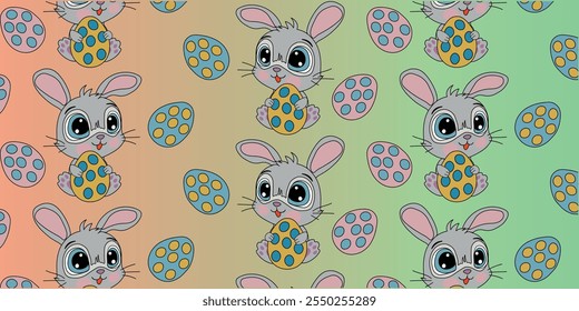 Seamless background with cute cartoon Easter bunny. Vector illustration of a hare and painted eggs.