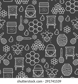 Seamless background with cute cartoon hand drawn objects on beekeeping theme: bee, honey, flowers, bee hat, bee spoon, beehive. Farm or eco concept. You can use it for farm products site, app, shop