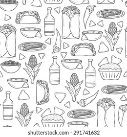 Seamless background with cute cartoon hand drawn outline objects on mexican food theme: chili, taco. tobacco, birrito, nachos, tequila, rice. Travel mexicam cuisine concept, You can use it for your