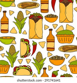 Seamless background with cute cartoon hand drawn objects on mexican food theme: chili, taco. tobacco, birrito, nachos, tequila, rice. Travel mexicam cuisine concept, You can use it for your site, app